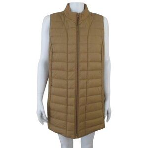 J Jill Tan Brown Washable Down Midi Puffer Vest Full Zip Sleeveless